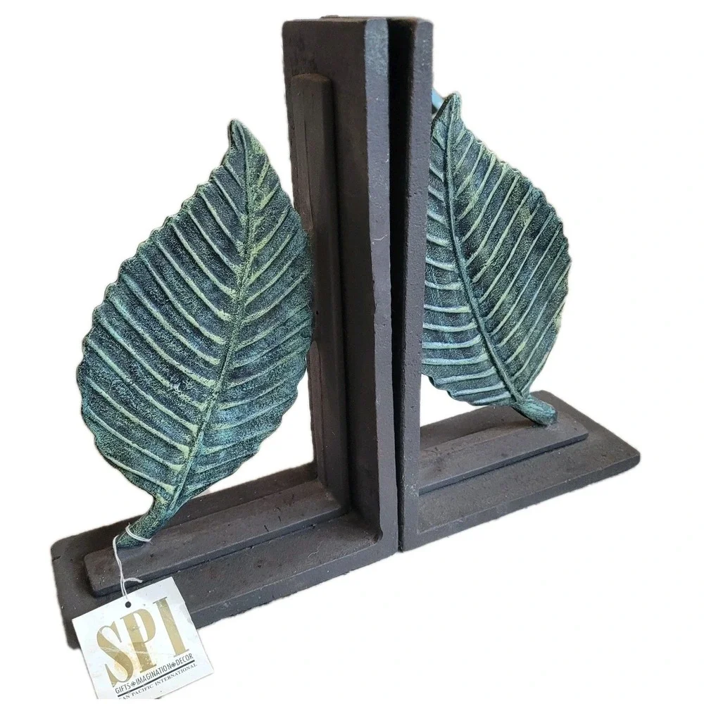 SPI Home Verdigris‎ Leaf Heavy Cast Iron Bookends - NWT Botanical Garden Natural